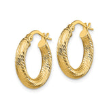 14k Yellow Gold Hoop Earrings with Diamond Cut Pattern, Textured Round Design for Women