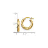 14k Yellow Gold Hoop Earrings with Diamond Cut Pattern, Textured Round Design for Women