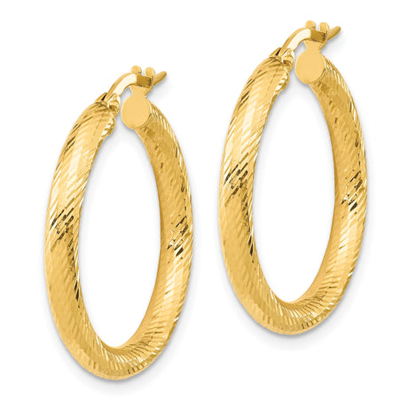 14k Yellow Gold Hoop Earrings, Textured Diamond Cut Round Hoops with Polished Finish