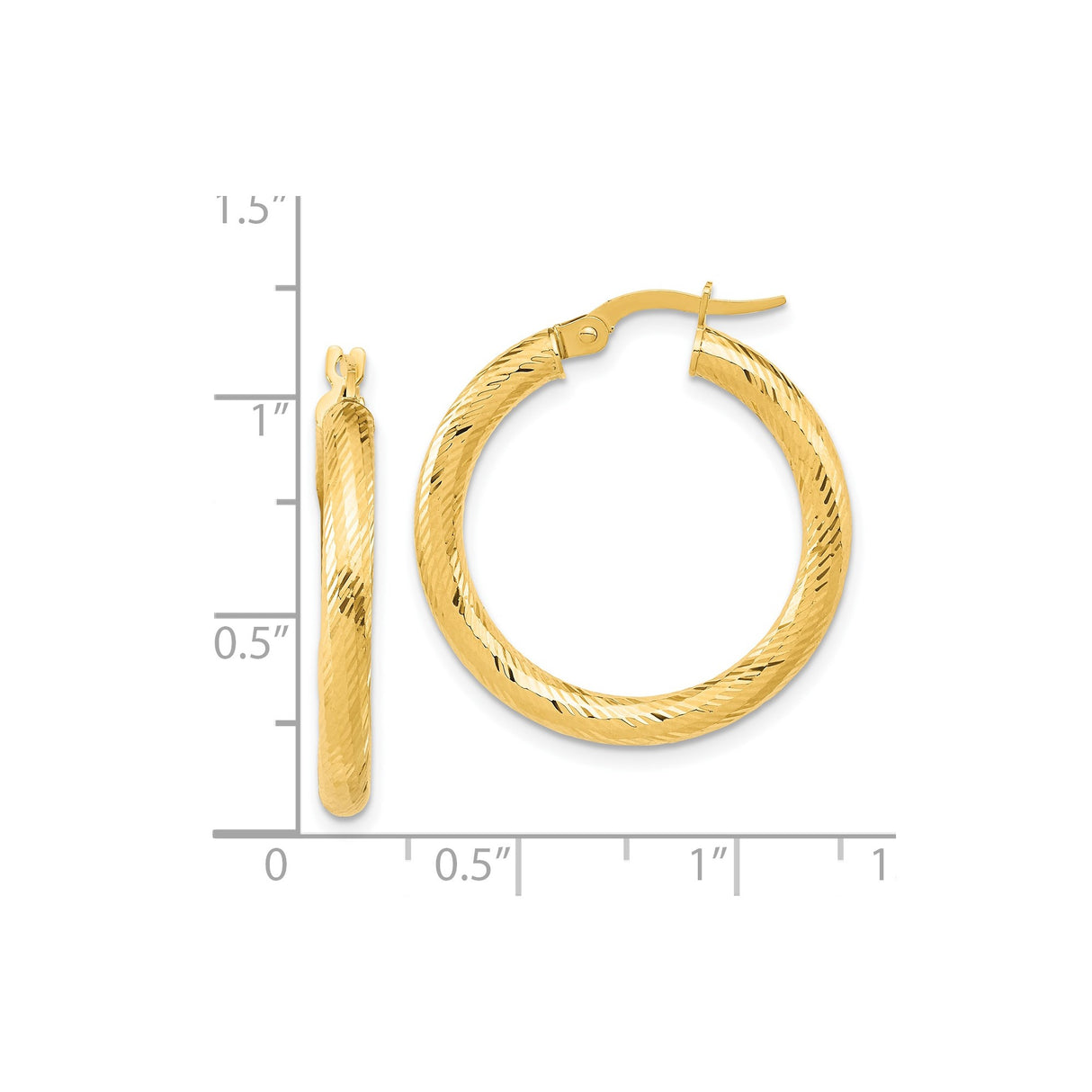 14k Yellow Gold Hoop Earrings, Textured Diamond Cut Round Hoops with Polished Finish