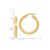 14k Yellow Gold Hoop Earrings, Textured Diamond Cut Round Hoops with Polished Finish