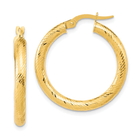14k Yellow Gold Hoop Earrings, Textured Diamond Cut Round Hoops with Polished Finish