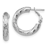 14k White Gold Hoop Earrings, Diamond Cut Textured Finish, Latch Back Closure, Lightweight Classic Style