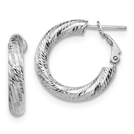 14k White Gold Hoop Earrings, Diamond Cut Textured Finish, Latch Back Closure, Lightweight Classic Style