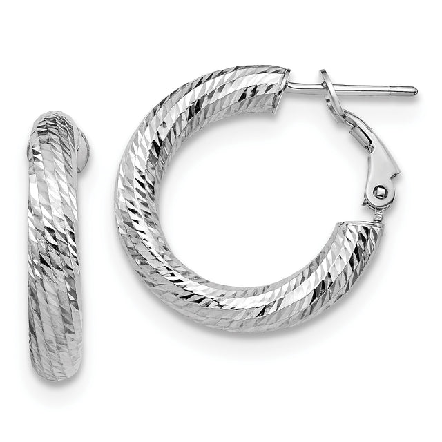 14k White Gold Hoop Earrings, Diamond Cut Textured Finish, Latch Back Closure, Lightweight Classic Style