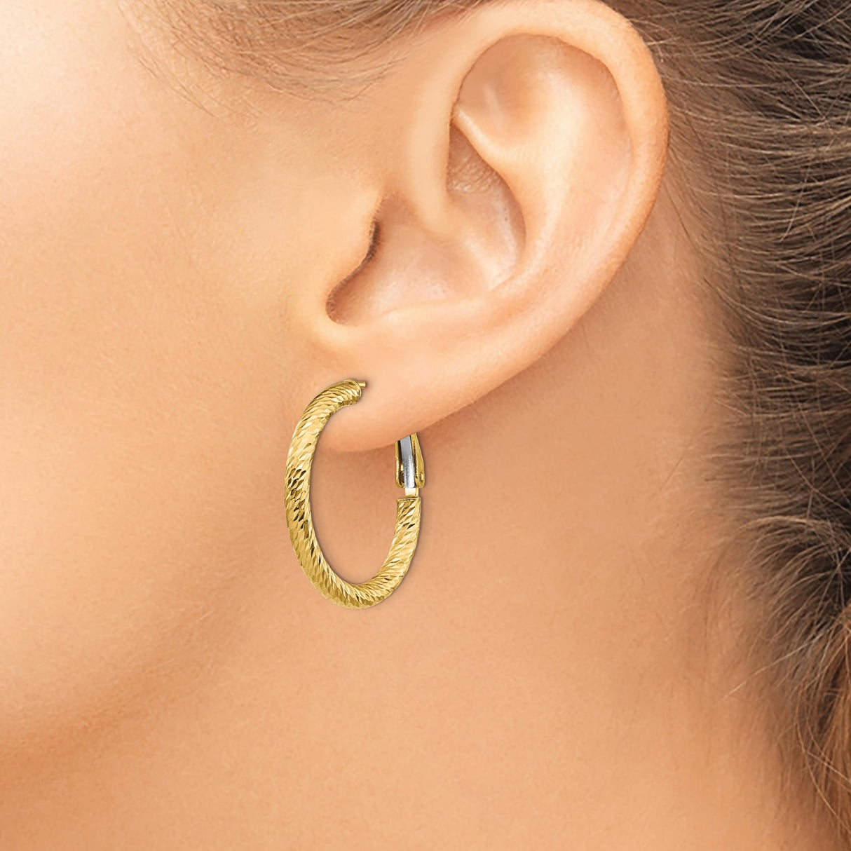 14k Yellow Gold Hoop Earrings with Diamond Cut Textured Design and Hinged Clasp