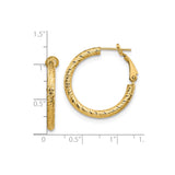 14k Yellow Gold Hoop Earrings with Diamond Cut Textured Design and Hinged Clasp