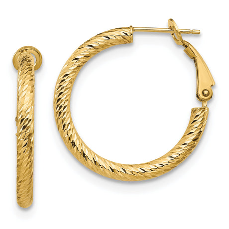 14k Yellow Gold Hoop Earrings with Diamond Cut Textured Design and Hinged Clasp