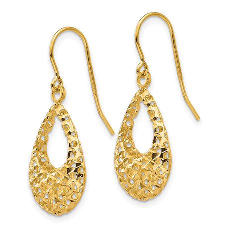14k Yellow Gold Dangle Earrings, Teardrop Openwork Design, Diamond Cut Finish