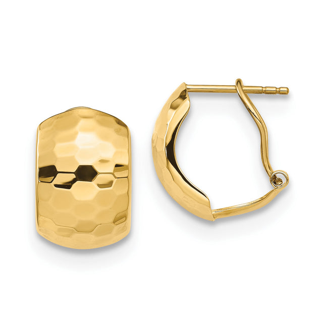 14k Yellow Gold Hoop Earrings, Hammered Texture Dome Design, Medium Lightweight Hoops for Women