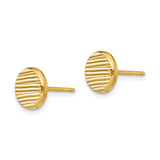 14k Yellow Gold Round Stud Earrings with Textured Horizontal Line Design