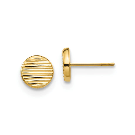 14k Yellow Gold Round Stud Earrings with Textured Horizontal Line Design