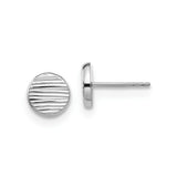 14k White Gold Stud Earrings, Textured Disc Design with Linear Pattern