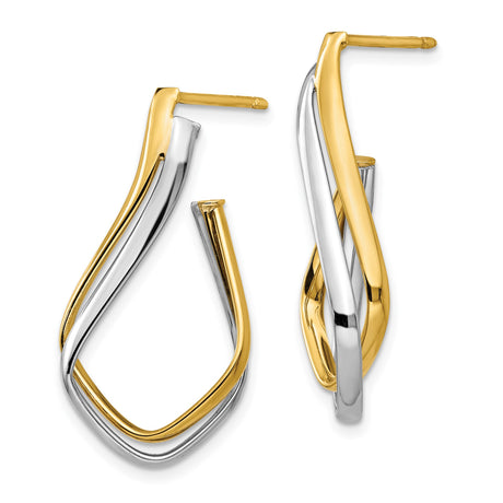 14k Yellow Gold Hoop Earrings, Twisted Teardrop Two-Tone Abstract Design, Modern Style for Women