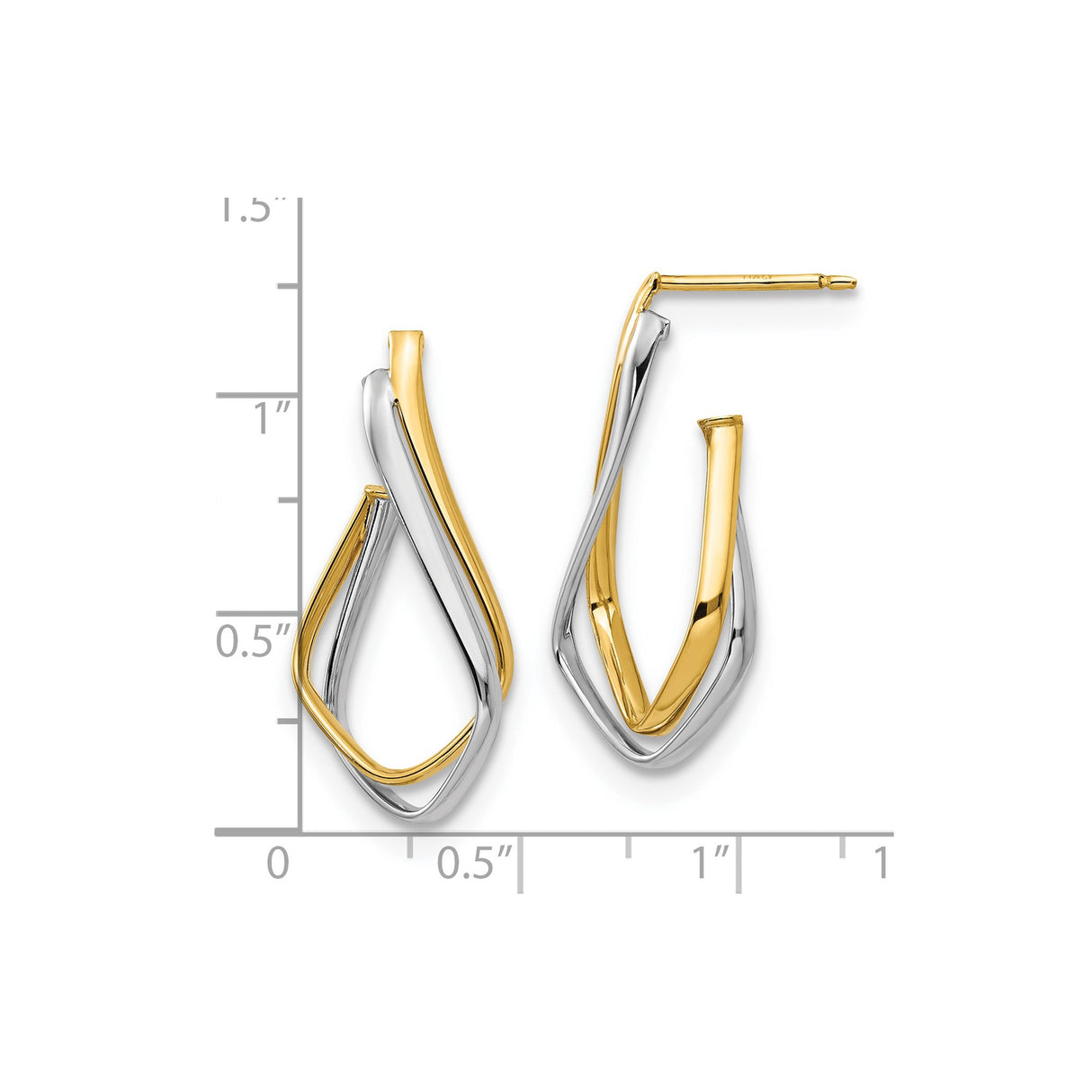 14k Yellow Gold Hoop Earrings, Twisted Teardrop Two-Tone Abstract Design, Modern Style for Women