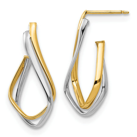 14k Yellow Gold Hoop Earrings, Twisted Teardrop Two-Tone Abstract Design, Modern Style for Women