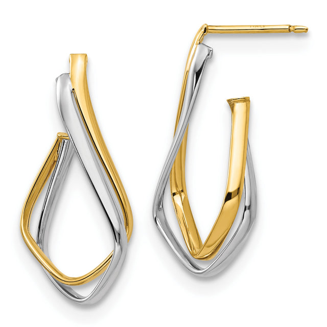 14k Yellow Gold Hoop Earrings, Twisted Teardrop Two-Tone Abstract Design, Modern Style for Women