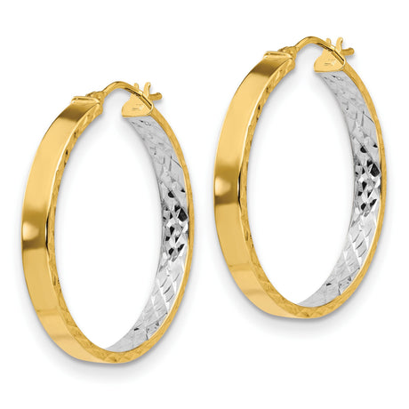 14k Yellow Gold Hoop Earrings, Two-Tone Diamond Cut Hoops with Polished Finish