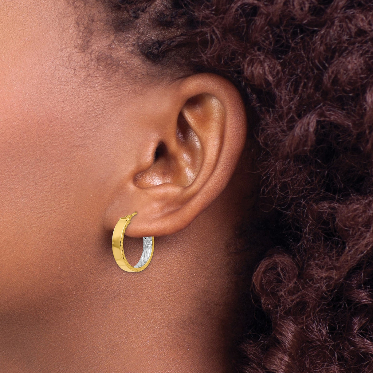 14k Yellow Gold Hoop Earrings, Rhodium Plated Diamond-Cut Two Tone Round Hoops for Women