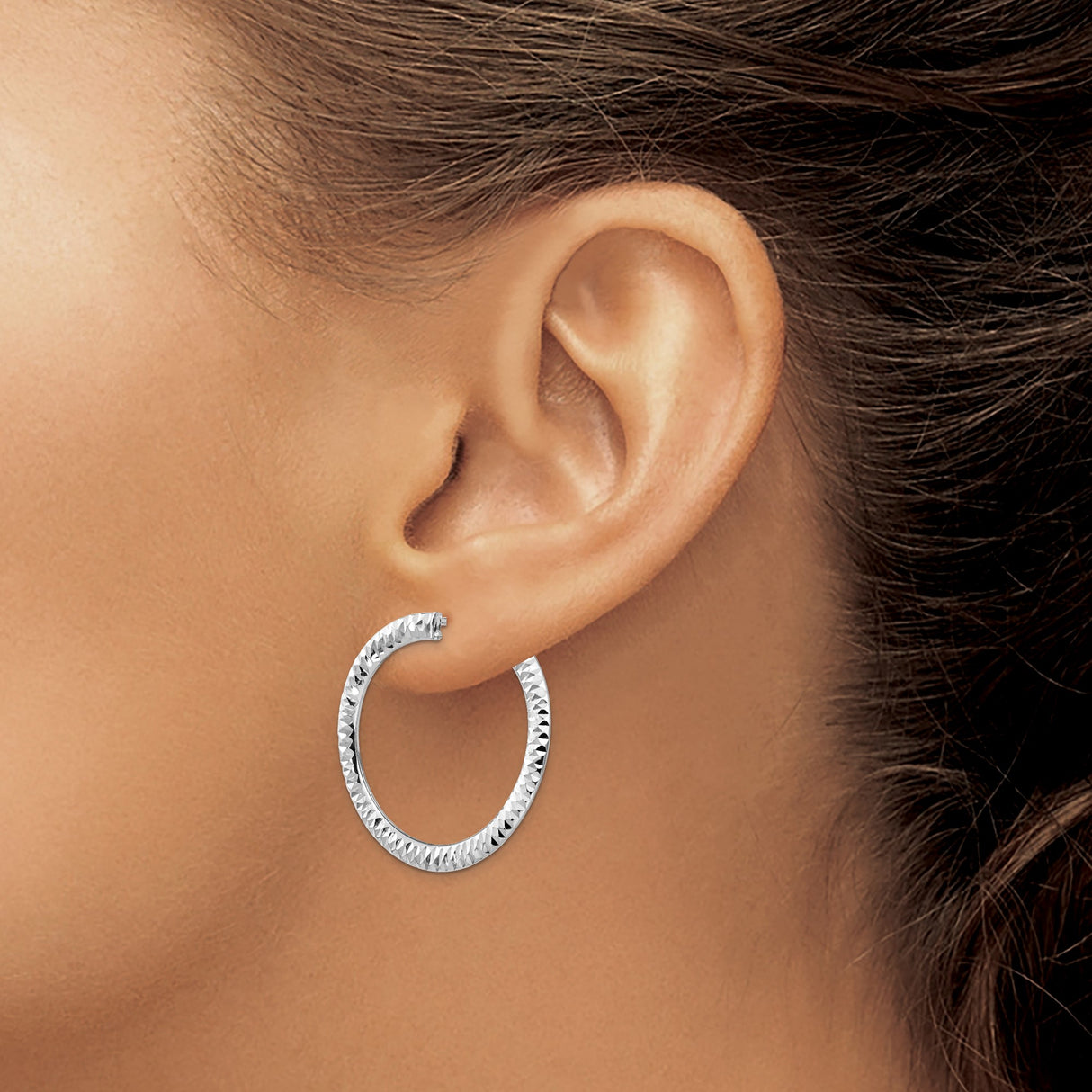 14k White Gold Hoop Earrings, Diamond Cut Textured Design with High Polish Finish