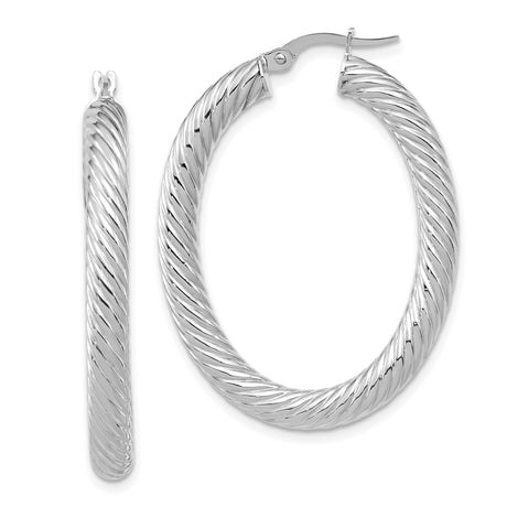 14k White Gold Twisted Oval Hoop Earrings with Textured and High Polish Finish