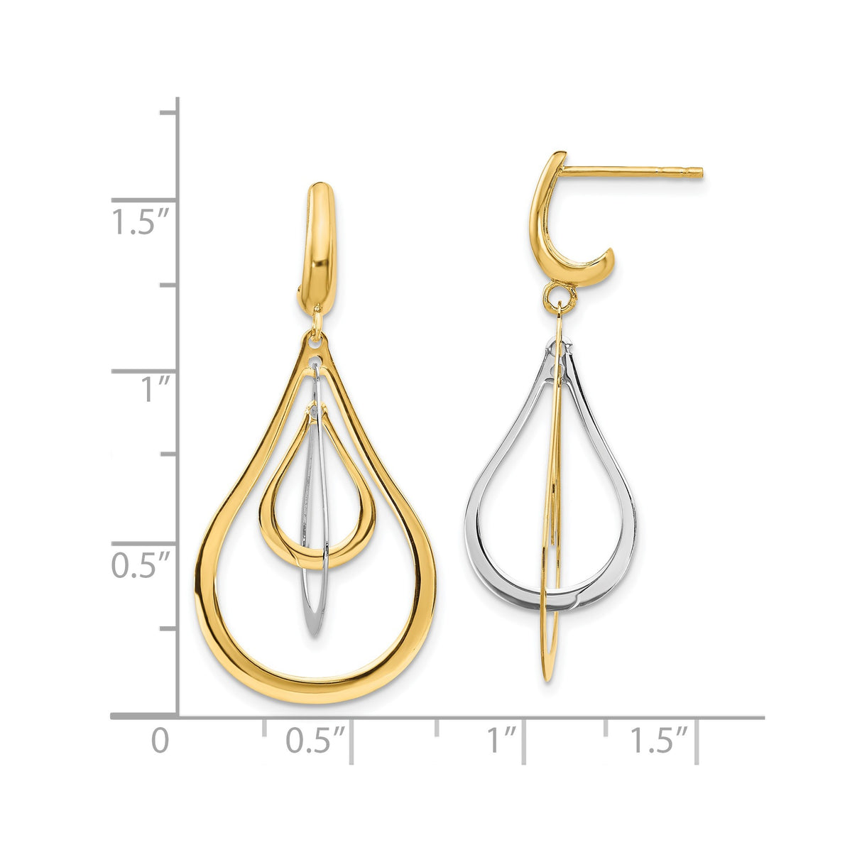 14k Yellow Gold Dangle Earrings with Layered Teardrop Shapes in Two Tone Polished Finish