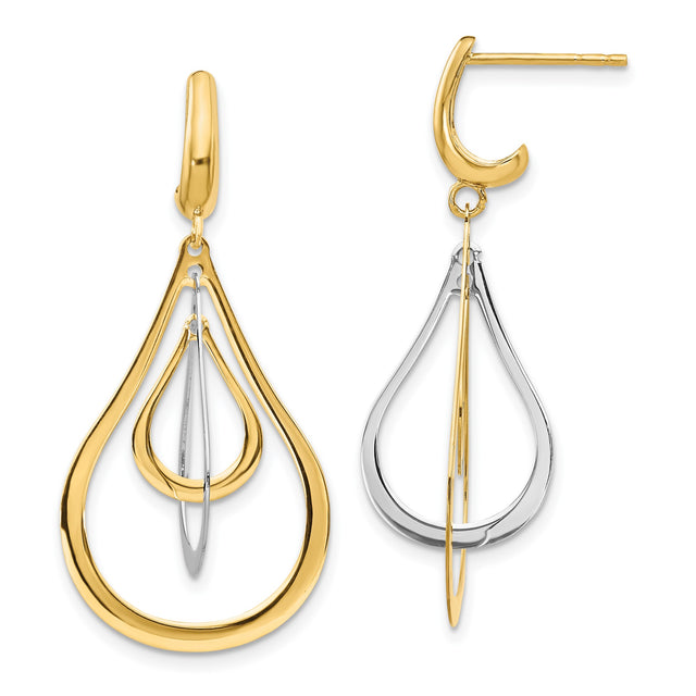 14k Yellow Gold Dangle Earrings with Layered Teardrop Shapes in Two Tone Polished Finish