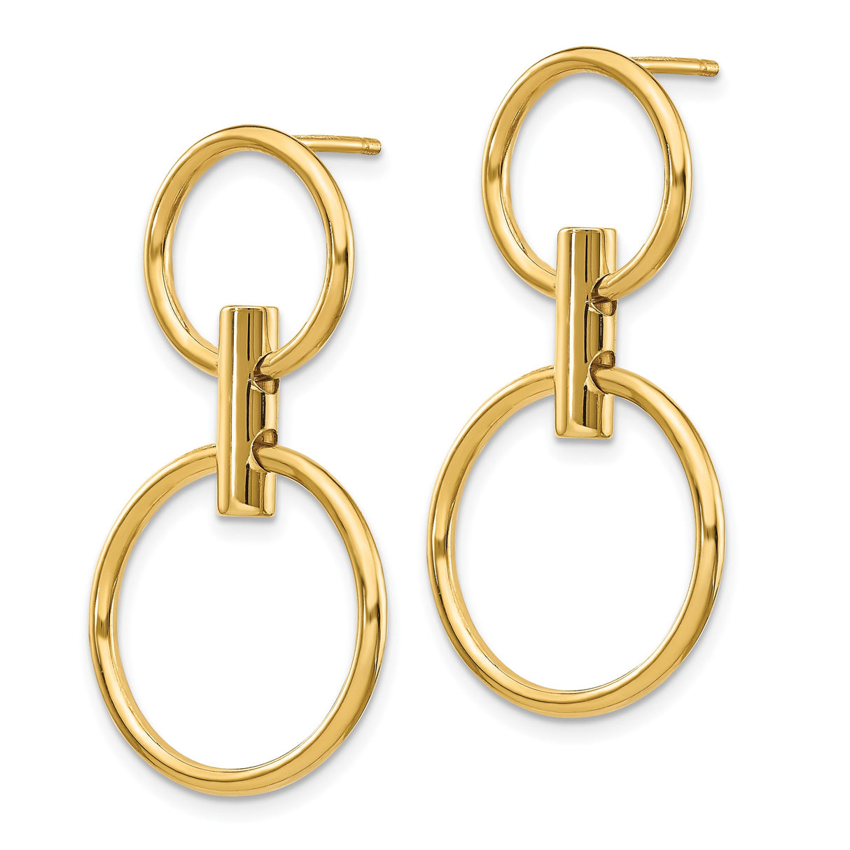 14k Yellow Gold Drop Earrings, Double Circle Dangle with Polished Finish, Minimalist Link Style