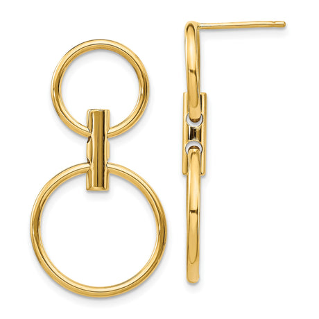 14k Yellow Gold Drop Earrings, Double Circle Dangle with Polished Finish, Minimalist Link Style