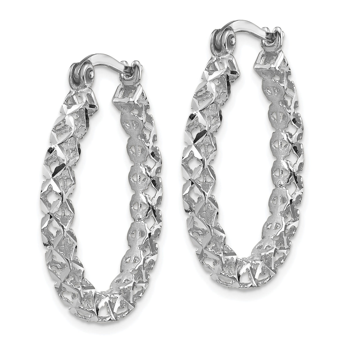 14k White Gold Oval Hoop Earrings with Open Lattice X Pattern Design