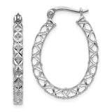 14k White Gold Oval Hoop Earrings with Open Lattice X Pattern Design