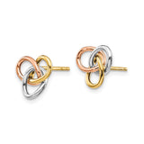 14k Tri-Color Gold Love Knot Stud Earrings, Intertwined Yellow White Rose Loops, Classic Knot Design