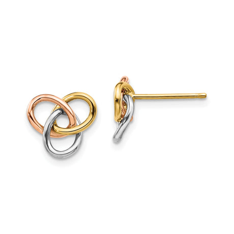 14k Tri-Color Gold Love Knot Stud Earrings, Intertwined Yellow White Rose Loops, Classic Knot Design