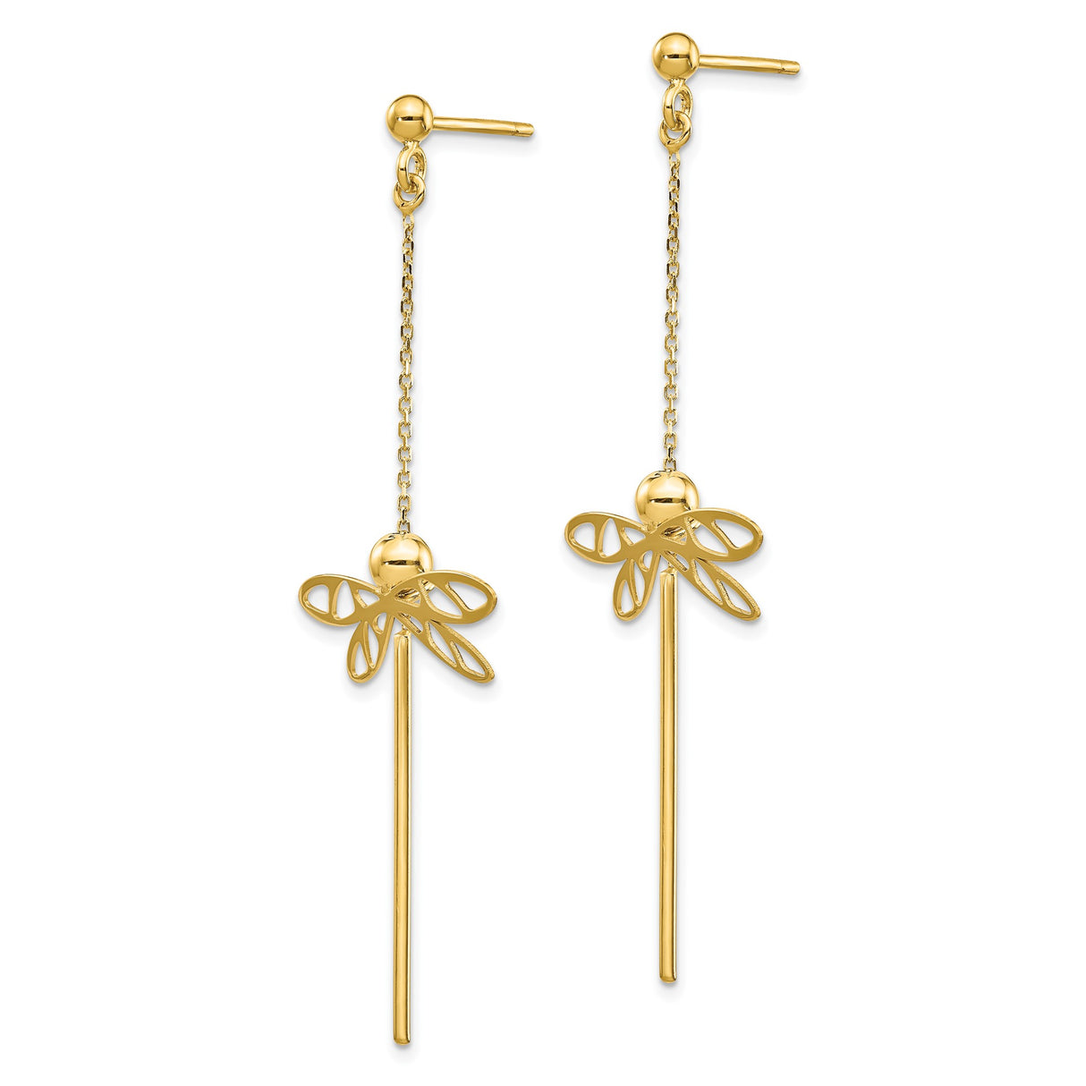 14k Yellow Gold Dangle Earrings with Dragonfly Design, Lightweight Nature-Inspired Jewelry for Women