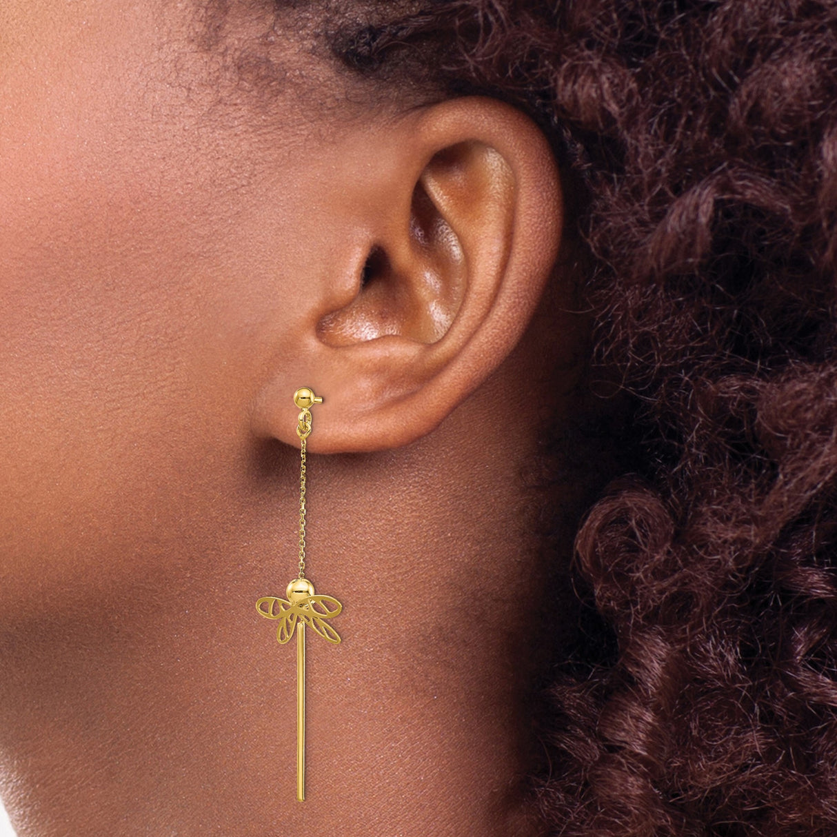 14k Yellow Gold Dangle Earrings with Dragonfly Design, Lightweight Nature-Inspired Jewelry for Women