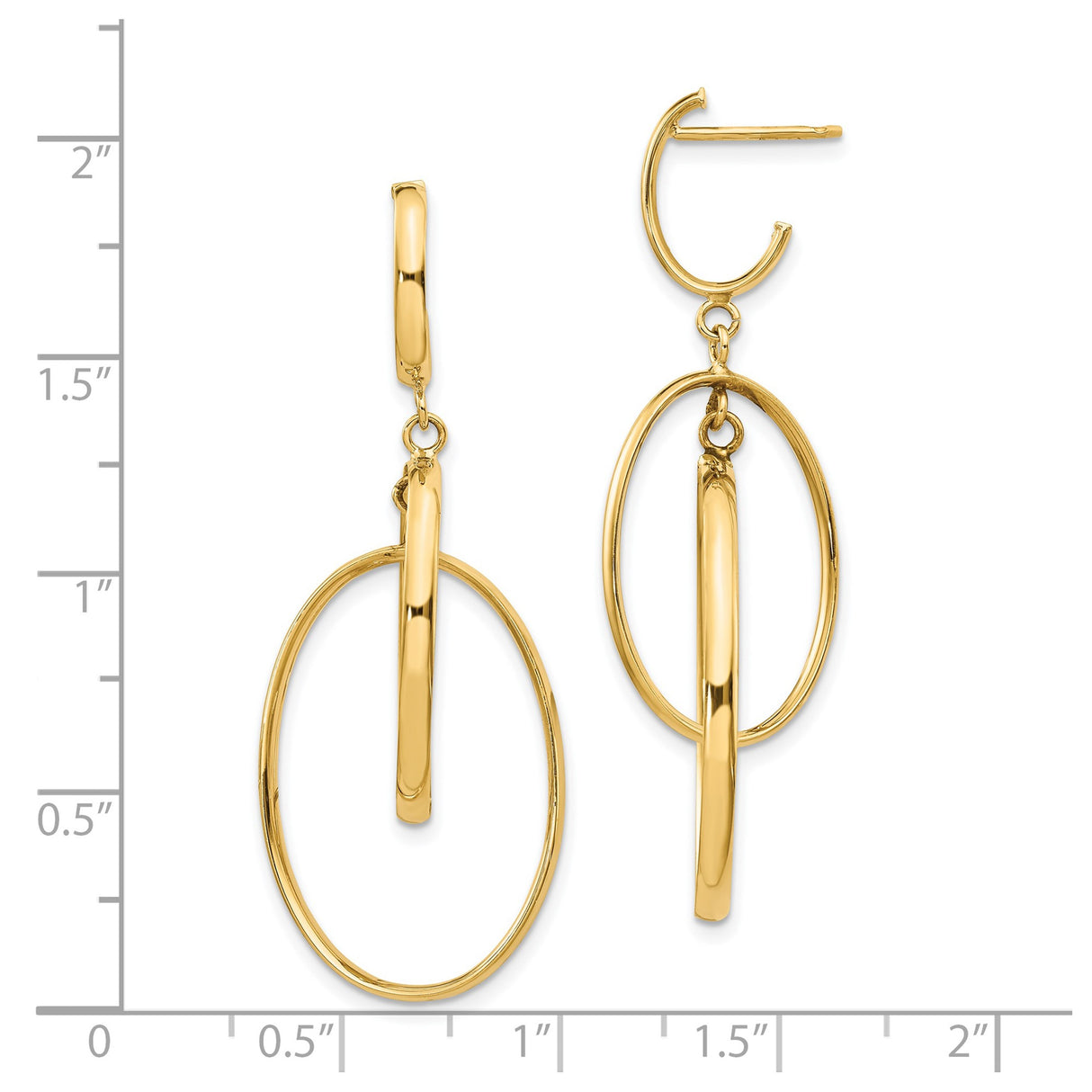 14k Yellow Gold Dangle Earrings, Interlocking Oval Hoops, Modern Minimalist Design