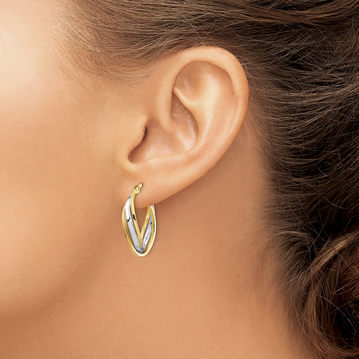 14k Yellow Gold and Rhodium Twisted Oval Hoop Earrings, Two-Tone Intertwined Design for Women