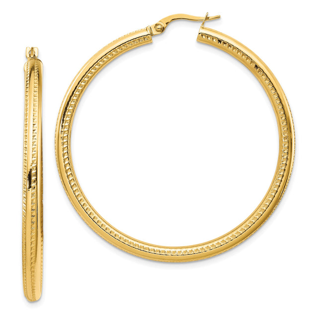 14k Yellow Gold Hoop Earrings with Textured and Polished Finish, Latch-Back Closure