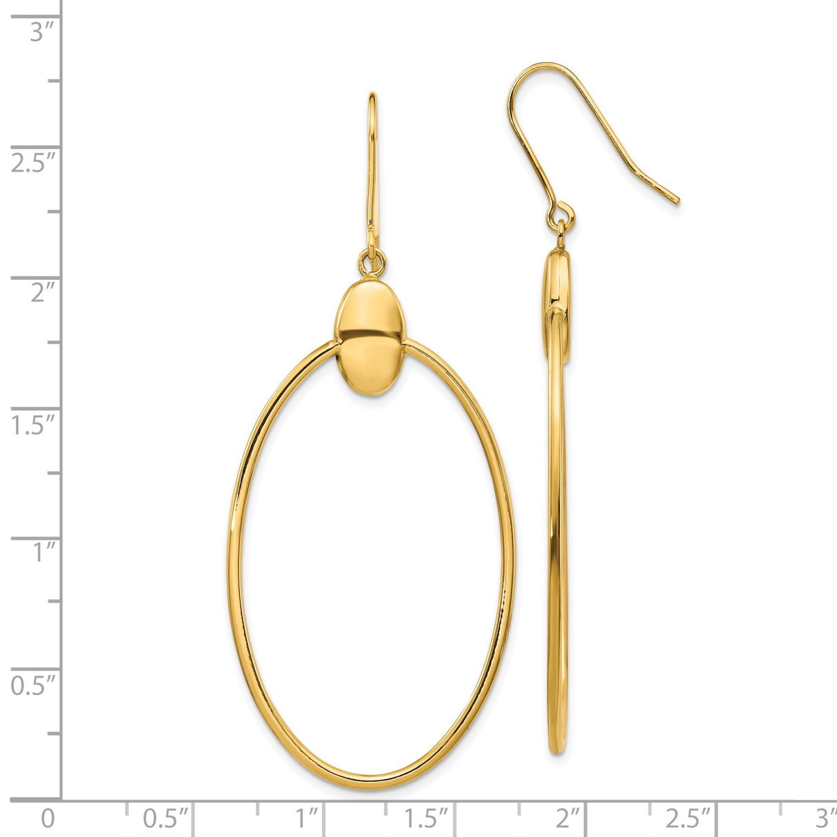 14k Yellow Gold Oval Drop Earrings with French Wire Hooks, Minimalist Open Hoop Design