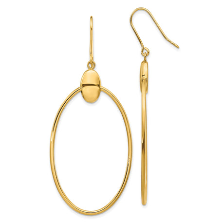 14k Yellow Gold Oval Drop Earrings with French Wire Hooks, Minimalist Open Hoop Design