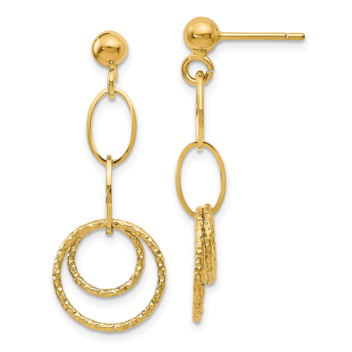 14k Yellow Gold Dangle Earrings with Textured Double Hoops and Oval Links