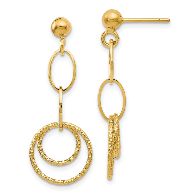 14k Yellow Gold Dangle Earrings with Textured Double Hoops and Oval Links