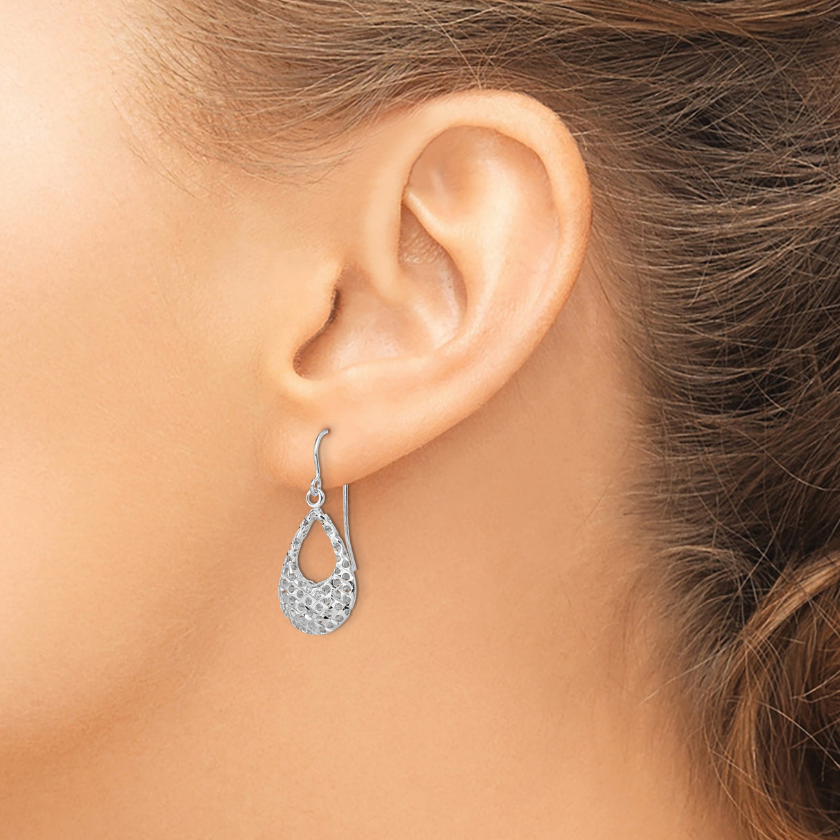14k White Gold Drop Earrings with Diamond-Cut Teardrop Design, Lightweight Textured Dangle Style