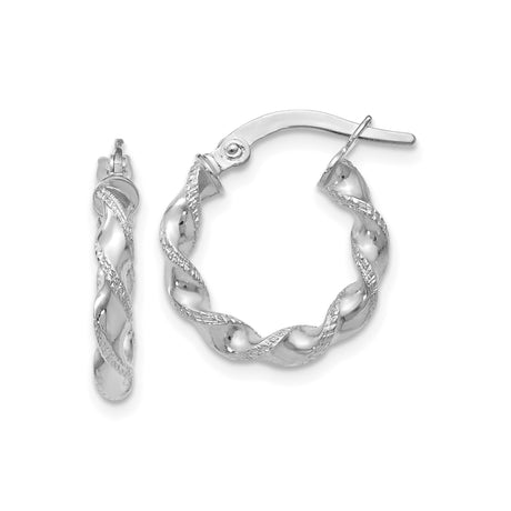 14k White Gold Hoop Earrings with Twisted Rope Design and Polished Textured Finish