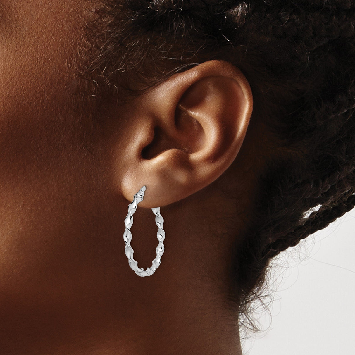 14k White Gold Twisted Hoop Earrings with Textured Rope Design for Women