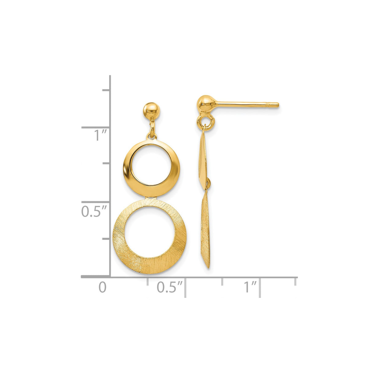 14k Yellow Gold Dangle Earrings with Dual Open Circle Drops, Polished and Brushed Finish
