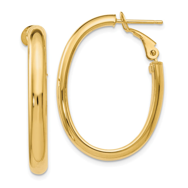 14k Yellow Gold Oval Hoop Earrings, High Polish Finish, Lightweight Snapback Design