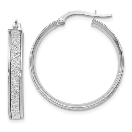 14k White Gold Hoop Earrings with Textured Center and High Polish Edges