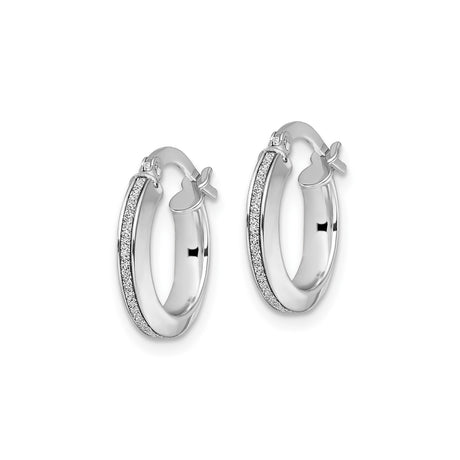 14k White Gold Hoop Earrings with Polished Finish and Textured Center, Medium Lightweight Design