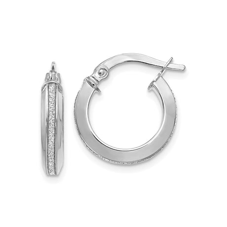 14k White Gold Hoop Earrings with Polished Finish and Textured Center, Medium Lightweight Design